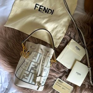FENDI
Mon Tresor Drawstring FF PVC Leather Bucket Bag White